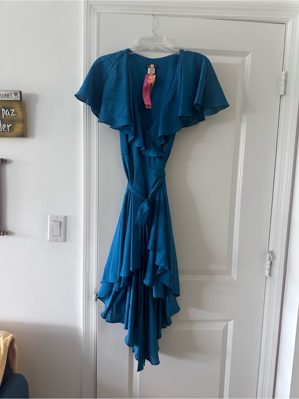VENUS Teal Ruffled High-Low Wrap Dress